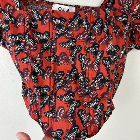 O.L.M. Puff sleeve burnt orange butterfly crop corset top blouse size: M - Picture 4 of 11